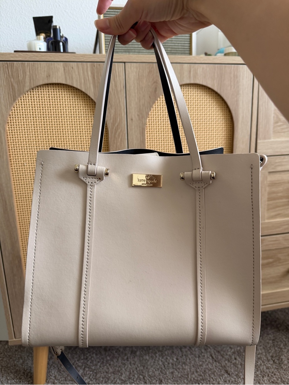 kate spade Cream Leather Structured Tote with Gold Logo Plate
